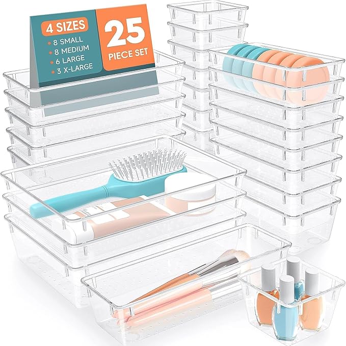 SpaceHacks 25 PCS Plastic Drawer Organizer, 4-Size Versatile Organizer Trays & storage Bins by SpaceHacks