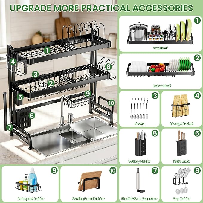 Over The Sink Dish Drying Rack, Adjustable 3 Tier Large Capacity Stainless Steel Drainer with Cutlery/Utensil/Cup Holder Hooks, Kitchen Storage & Organization, 25"-38" L x 11" W x 37.5" H, Black - Image 3
