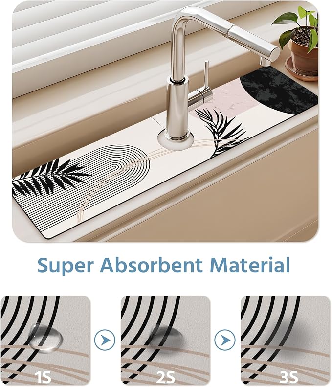 Patterned Sink Faucet Mat Kitchen Splash Guard Super Absorbent Drying Mat, Non-Slip Drain Pad for Kitchen Counter or Bathroom-15x5.5in - Image 5