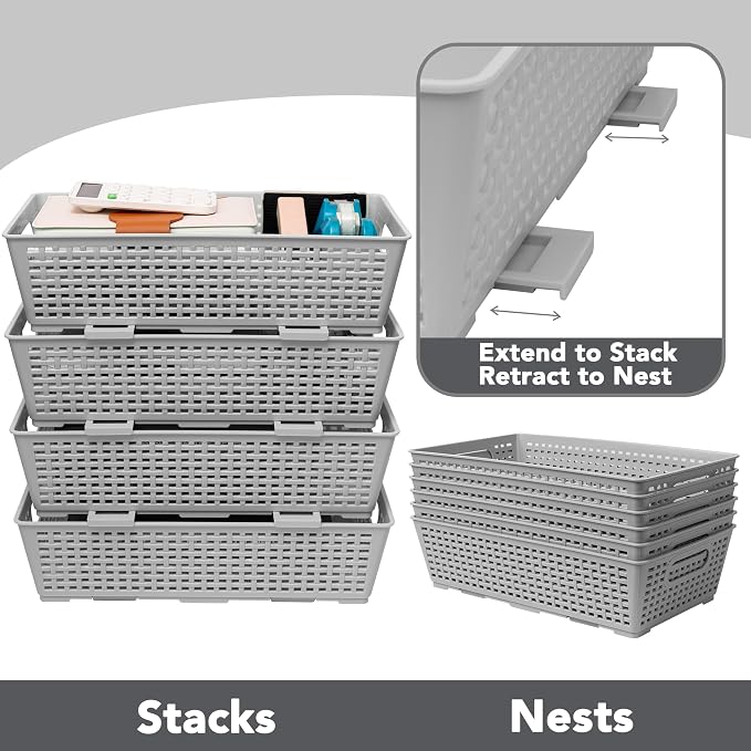 Tiawudi Stackable Woven Plastic Basket, Storage Bins for Cabinet, Closet, Shelf, Under Sink and Countertop, Pantry Organizer Bins, 6 Pack - Image 3
