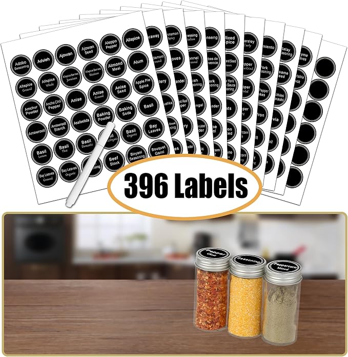SWOMMOLY 3 Tier Spice Rack Organizer with 24 Empty Round Spice Jars, 396 Spice Labels, Funnel and Chalk Marker Complete Set, Black | Chalk Marker, Funnel Set for Cabinet, Countertop, Pantry, Cupboard or Door & Wall Mount - 24 Jars, 14.8" W × 9.8" H, Black - Image 3