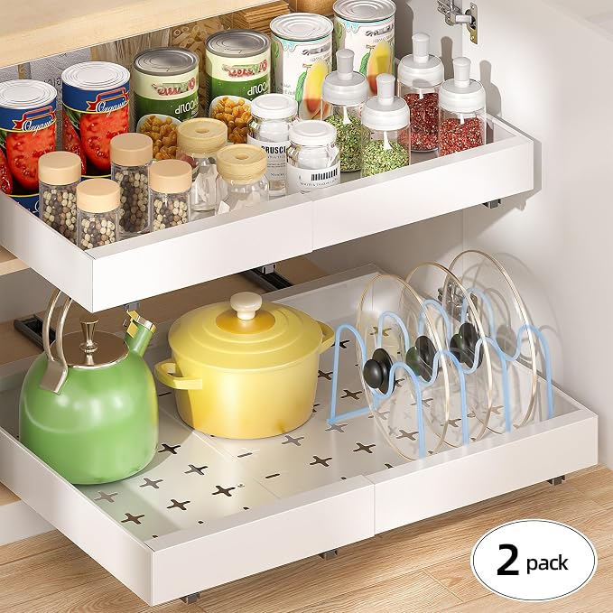 Delamu 16" Deep Pull Out Cabinet Organizer with 6 Dividers, Expandable (11.7 "-20" W) Pull Out Drawers for Cabinets, Cabinet Trays Pull Out for Cabinets in Kitchen, Pantry or Bathroom, White, 2 Pack - Image 6