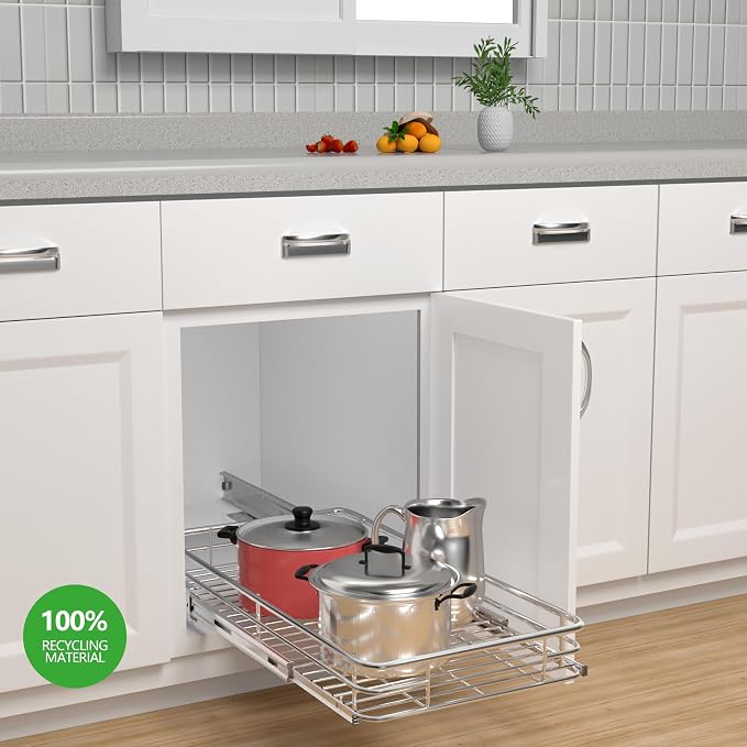 Pull Out Cabinet Organizer 17" W x 21" D, Chrome | Slide Out Kitchen Shelves, Heavy-Gauge Wire Storage Drawer, Ball-Bearing Glides, 100 Lb Capacity, Min 18" Cabinet Opening - Image 2