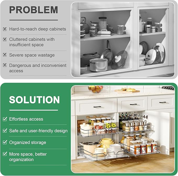 2-Tier Pull Out Cabinet Organizer (17" W x 22" D) | Soft Close Cabinet Slide Out Shelves, Heavy Duty Slide Out Drawers with Shelf Liner for Kitchen Cabinets, Pantry, Bathroom - Image 4