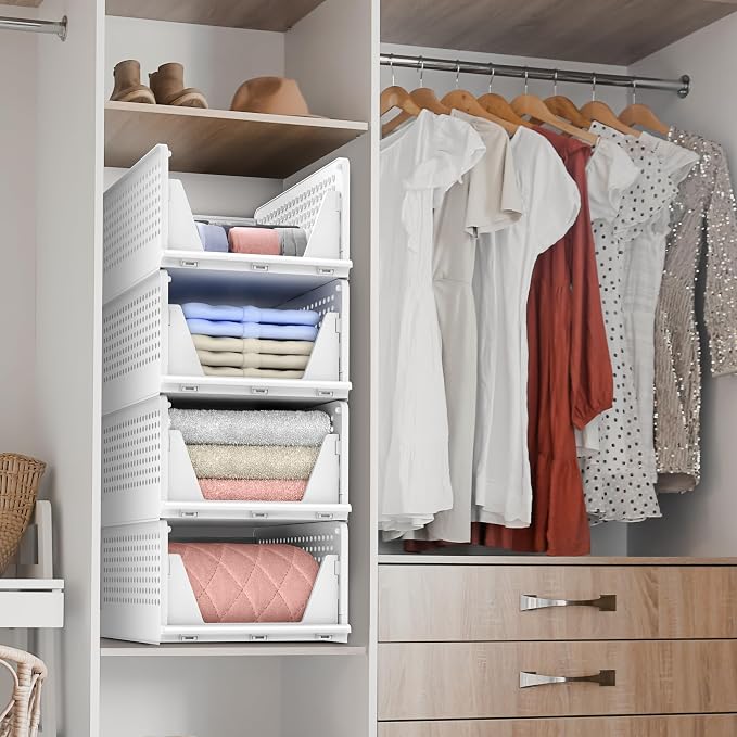 Sorbus 4 Pack Medium Shelf Organizer with Open Front Design Under Shelf for Closet Bathroom Kitchen Garage Plastic Stackable Storage Baskets - Image 3