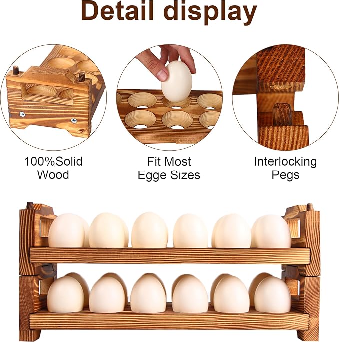 Wooden Egg Holder Fresh Egg Holders Countertop Firewood Egg Collecting Rack for Gathering Fresh eggs, Stackable with 24 eggs, Home Kitchen Organizer, Set of 2 PCS - Image 4