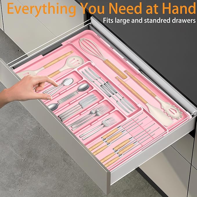 Silverware Organizer - Expandable Large Kitchen Drawer Organizer Utensil Organizer with 2 Knife Block Inserts, 22"x 19"Cutlery Tray with Drawer Dividers for Kitchen Flatware (Pink) - Image 9
