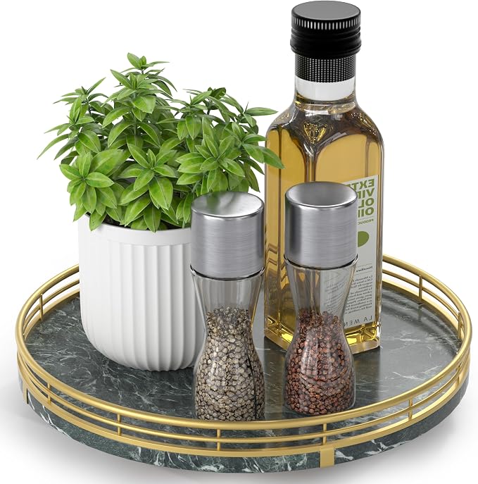AMH 10-Inch Green Marble Lazy Susan with Gold Frame | Smooth rotating oak tray with walnut finish for dining tables, kitchen counters, pantries and cabinet storage. by AMH