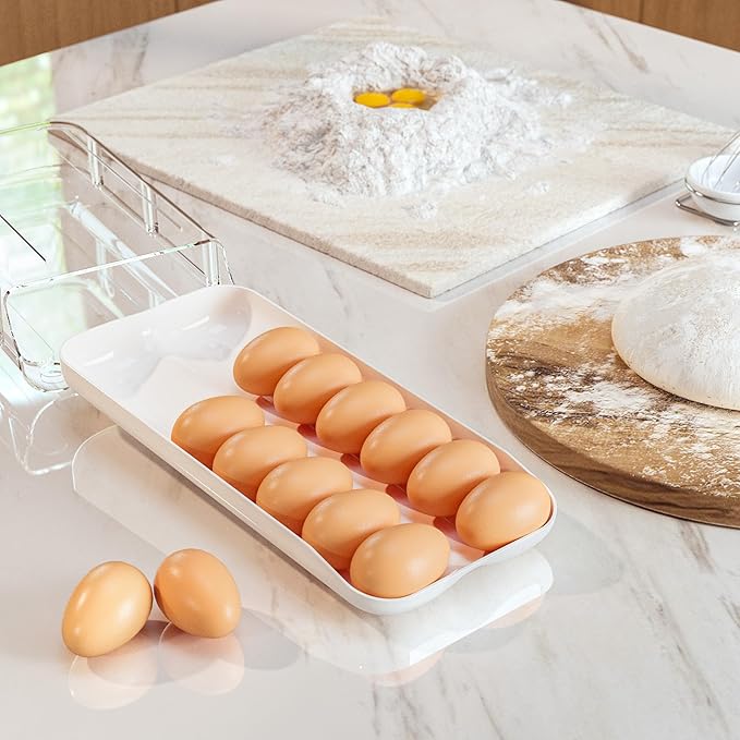 theaoo Egg Holder for Fridge, Automatic Rolling Egg Container, White, 2Pack | Quick Removable Inner Tray For Easy Egg Loading. Stackable Egg Dispenser For Refrigerator Storage And Organization - Image 7