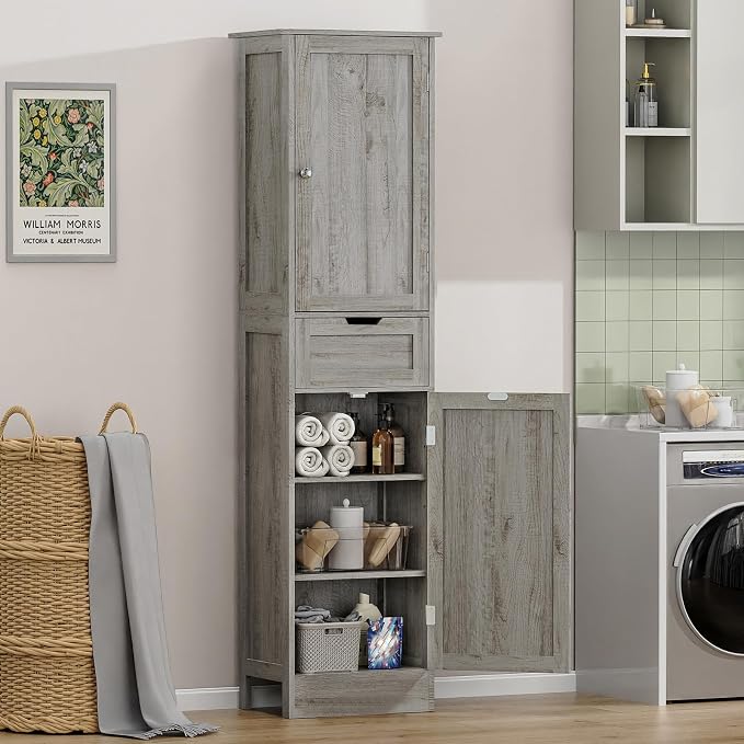 Iwell 67" Tall Bathroom Cabinet with Adjustable Shelves & 1 Drawer, Storage Cabinet with 2 Doors, Narrow Tall Cabinet, Floor Cabinet for Bathroom, Living Room, Home Office, Grey - Image 2