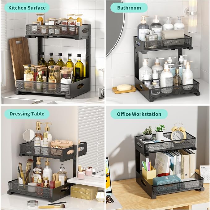 Under Sink Organizer, Extra-Wide Upgrade, 1-Pack of 2-Tier Metal Slide Out Cabinet Organizer, Height Adjustable Organization and Storage Series, Bathroom/Cabinet/Kitchen organization, Black - Image 7
