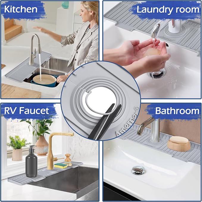 Amerner 20 inch Kitchen Sink Splash Guard, 10° Large Slope & Adaptable Hole Faucet Mat for Kitchen Sink, Silicone Sink Organizer Sponge Holder for Kitchen, Bathroom, RV, Bar, 20” x 5.5”, Gray - Image 7