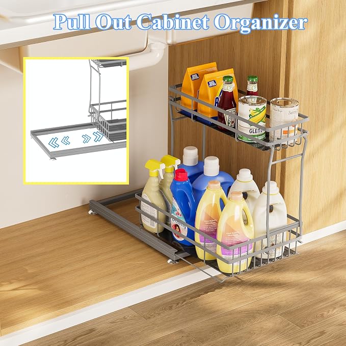 1 Pack Under Sink Organizers and Storage, 2 Tier Pull Out Cabinet Organizer, Metal Sliding Drawer Storage for Kitchen Bathroom，Gray - Image 2