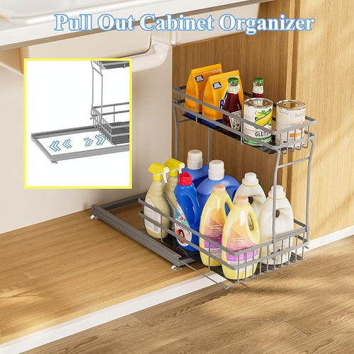 1 Pack Under Sink Organizers and Storage, 2 Tier Pull Out Cabinet Organizer, Metal Sliding Drawer Storage for Kitchen Bathroom，Gray - Image 2
