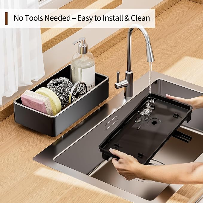 MOUKABAL Sponge Holder for Kitchen Sink, Rustproof Stainless Steel Black | Large Capacity/360° Rotating Drain Keeps Counter Dry/Holds Sponges & Soap Bottle/Easy-Clean Removable Tray - Image 5