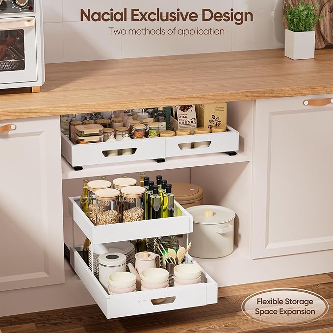 Nacial 2 Tier Pull Out Cabinet Organizer,Expandable(12.3"-20.7" W),White | Slide Out Cabinet Drawer with Adhesive Nano Film, Adjustable Heavy Duty Roll Out Shelves for Kitchen Pantry Bathroom Storage - Image 4