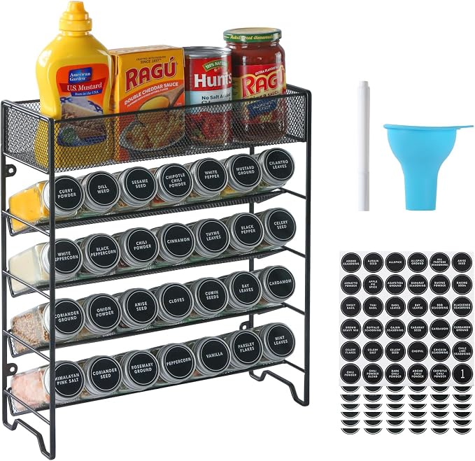 Skiileor Spice Rack Organizer with 28 Spice Jars,Spice Labels and Funnel | 5-Tiers Metal Seasoning Organizer, Kitchen Spice Organization for Cabinet, Countertop, Pantry, Cupboard Door or Wall Mount by Skiileor