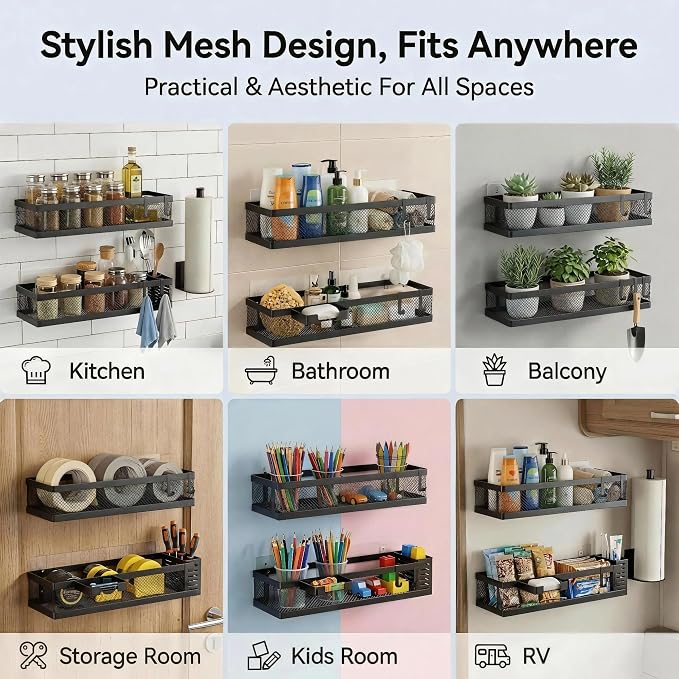 PUSDON 5-in-1 16.5" Extra Long Slim Wall Mount Wrapped Mesh Kitchen Organizer & Shower Caddy Kit, with Paper Towel Holder, Utensil Holder, Soap Dish, Holds 50LBS - Vintage Bronze, Netting - Image 7