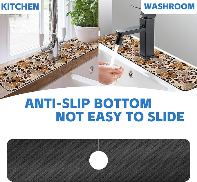 Kitchen Faucet Mat Brown Tropical Palm Leaf Sink Splash Guard Behind Faucet Draining Mat Kitchen Accessories Non-slip Easy to Clean for Bathroom & Kitchen 24"X5.5" - Image 7