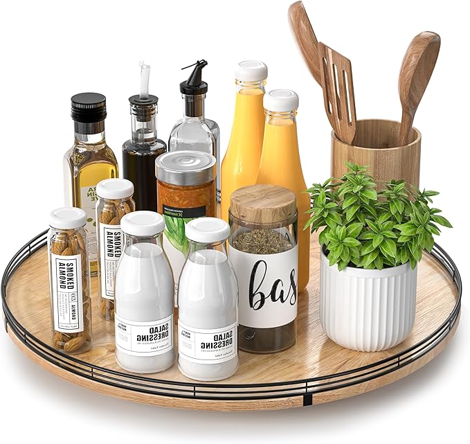 AMH 18-Inch Extra Large Farmhouse Oak Lazy Susan Organizer | Smooth rotating oak tray with walnut finish for dining tables, kitchen counters, pantries and cabinet storage. by AMH