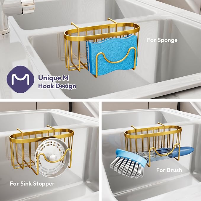 SWTYMIKI Sponge Holder for Kitchen Sink - Movable Kitchen Sink Caddy with M Shape Hook, Stainless Steel Hanging Sponge Caddy for Dish Sponge, Brush, Stopper Organizer in Double Sink, Gold - Image 3