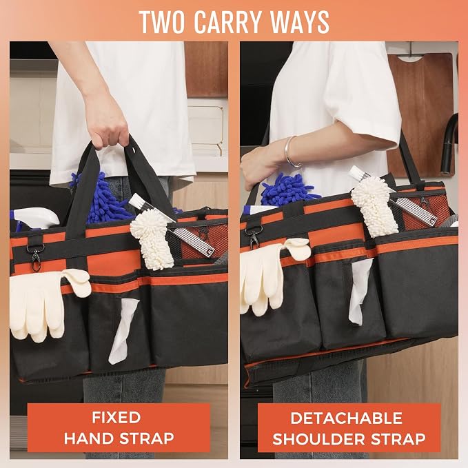 SCAVATA Wearable Cleaning Caddy, Cleaning Caddy Supplies Organizer with Handle & Shoulder Straps for Housekeepers, Under Sink & Car Cleaning Tool Organizers Bag with 4 Foldable Divider (RetroOrange) - Image 6