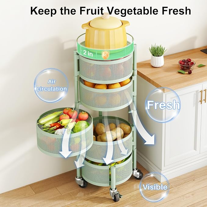 SAYZH 5 Tier Fruit Vegetable Basket Stand for Kitchen, Rotating, Green | Rolling Storage Cart with top lid, Large Metal Wire Rack for Potato and Onion Storage - Image 4