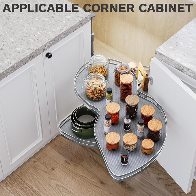 DWVO Corner Cabinet Organizer, 2-Tier Blind Corner Pull Out with 270° Rotating Shelf, Right Swing Tray, Heavy-Duty Iron, Easy-Install Template, 32.7"x17.3"x21.3", Gray - Image 2