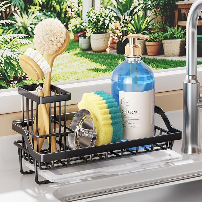 SWTYMIKI Sink Caddy Sponge Holder - Kitchen Sink Organizer with High Brush Holder for Countertop to Hold Dish Soaps and Sponges, Stainless Steel, Black by SwtyMiki-TidyHomeSweetLife