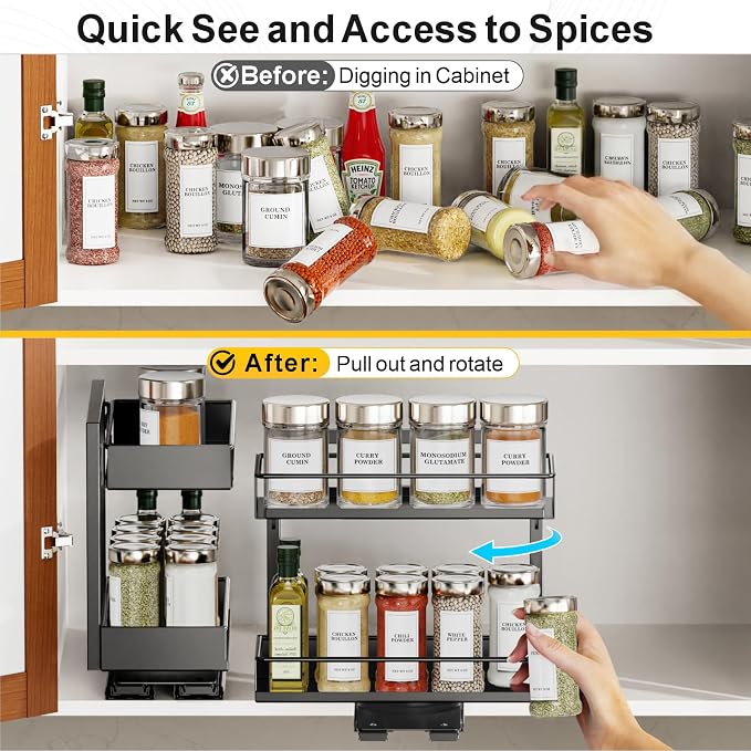 Pull Out Spice Rack - 2 Pack Swivel Spice Organizer for Cabinet | For Flat-Front Cabinets Only, Pull-Out Rotating Access, No-Drill Mount, Keeps Spices Visible Easy to Reach, Adjustable Height - Image 3