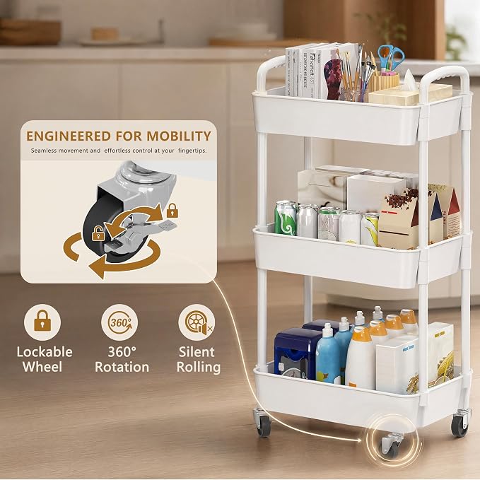 Laiensia 3-Tier Rolling Cart with Wheels,Multifunction Utility Storage Carts, Kitchen Storage Organizer,Mobile Shelving Unit for Bathroom,Laundry,with Classified Stickers,White - Image 4