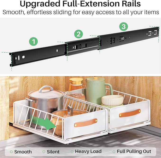 4Pack Pull out Cabinet Organizer,Heavy Duty Slide out Pantry Shelves Drawer Storage with Adhesive Nano Film,Sliding Mesh Basket with Handle for Kitchen, Bathroom, Home, 11.8W" X 15.7"D X 6.2"H,White - Image 3