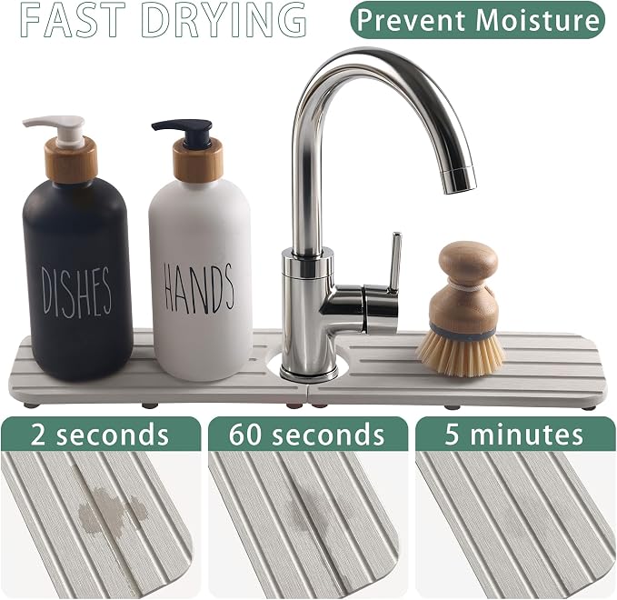 NiuYichee Faucet Mat for Kitchen Sink, Water Absorbing Diatomite Stone Tray | 17.3" x 3.9" Sink Coaster for Bathroom Counter, Stone Drying Mat, Sink Splash Guard, Fast Drying-Prevent Moisture, Pale Gray - Image 4