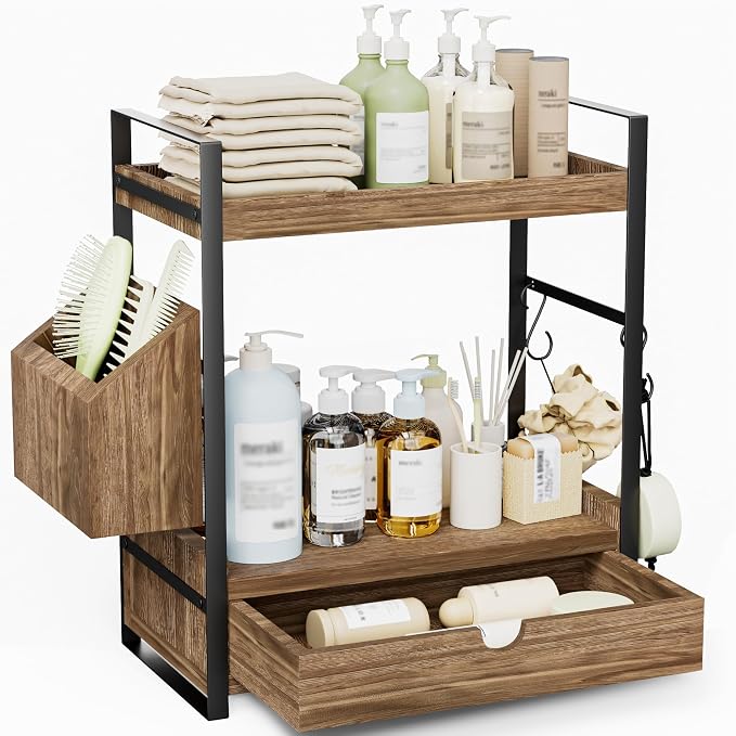 2-Tier Bathroom Counter Organizer, Wooden Vanity Shelf with Drawer & Basket | Pre-Drilled Holes, Skincare & Makeup Countertop Organizer and storage, Dark Brown by Unknown