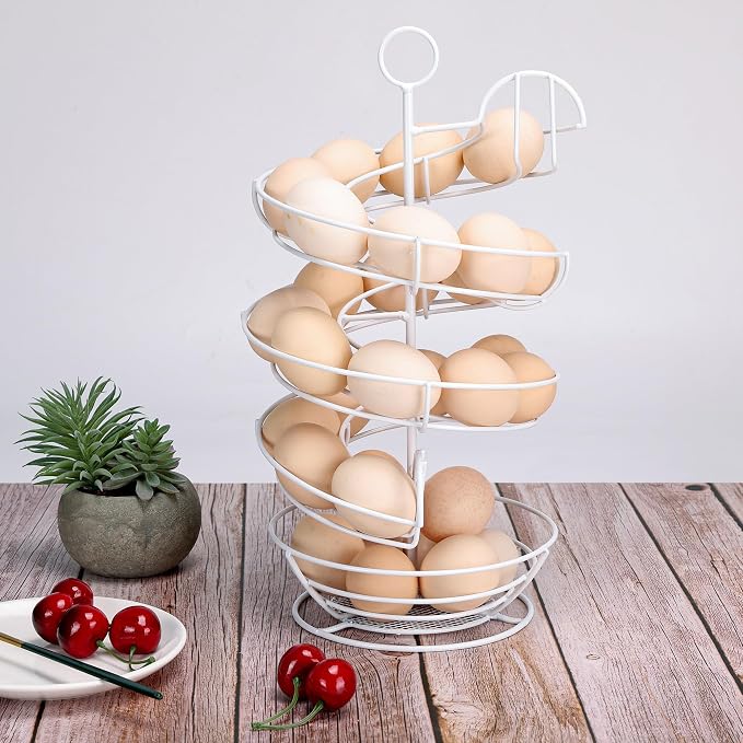 White Spiral Egg Holder Countertop, Metal Egg Skelter, Egg Dispenser Rack with Storage Basket for Countertop, Kitchen - Image 5