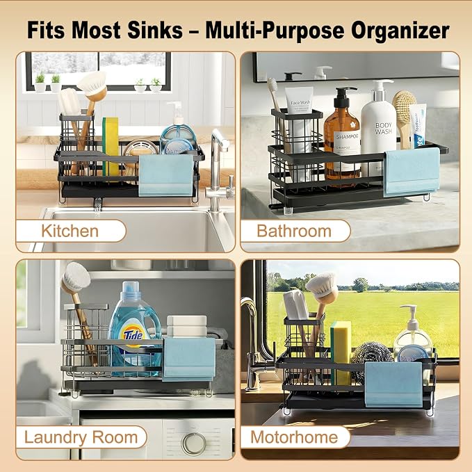 Sponge Holder for Kitchen Sink, Self-draining Sink Organizer with Towel Rack and Brush Holder, Metal Kitchen Sink Organizer for Countertop, Black - Image 9
