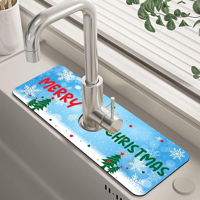 Christmas Tree Snowflakes Dish Drying Mat for Kitchen Sink Splash Guard Behind Faucet Sink Mat Absorbent Fast Drying Faucet Draining Mat for Bathroom Kitchen 5.5"×15" by Unknown