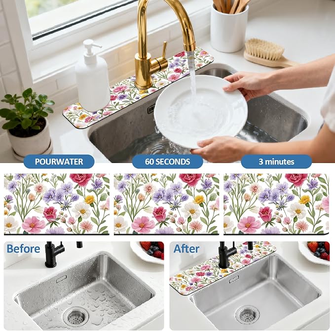 2 Pcs Kitchen Sink Splash Guard Faucet Mat Colorful Watercolor Flowers and Plants Pattern Faucet Mat for Sinks Absorbing Drying Mat for Kitchen Bathroom, 23.6x5.5inch - Image 5