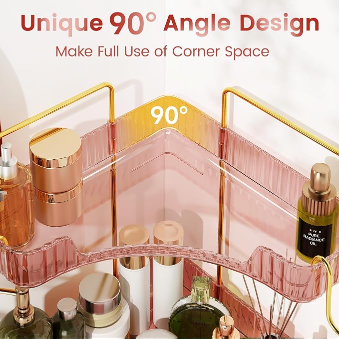 Delicate Pink 2-Tier Corner Counter Organizer Bathroom Organizers | Kitchen & Vanity Storage for PET Makeup Storage Countertop with Hooks, Skincare & Jewelry - Image 3