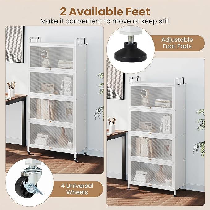 GIANTEX 5-Tier Kitchen Storage Cabinet, 4 PC Doors, Rolling Wheels (White) | Mobile Metal Pantry Cabinet with 4 Hooks & Adjustable Feet, Baker's Rack Microwave Stand for Dining & Living Room - Image 4