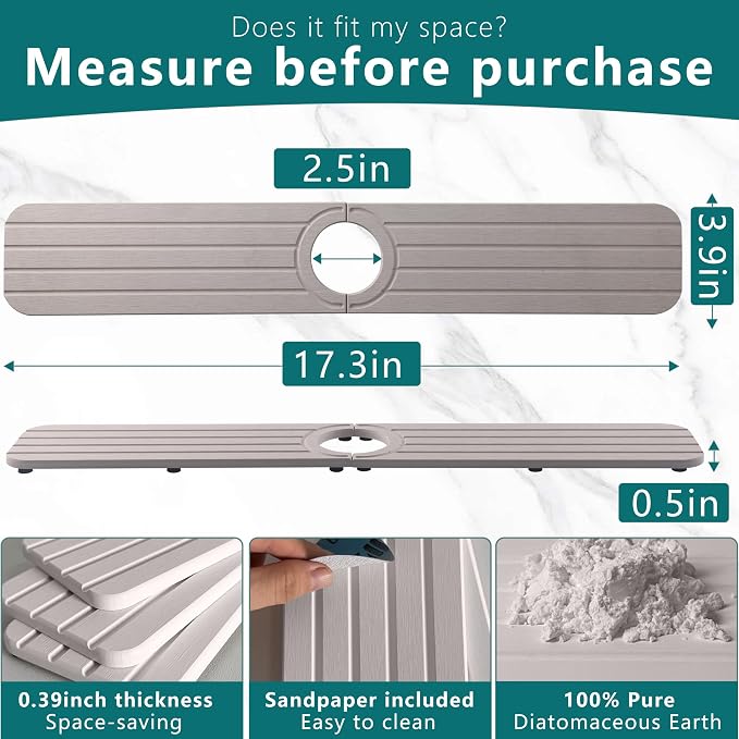 Water Absorbing Stone Kitchen Sink Mat Faucet Splash Guard for Bathroom | Quick Dry, Raised Feet, Diatomaceous Earth, Stone Faucet Mat, Sink Protector for Counter, Sink Accessories, Bathroom Decor - Image 3