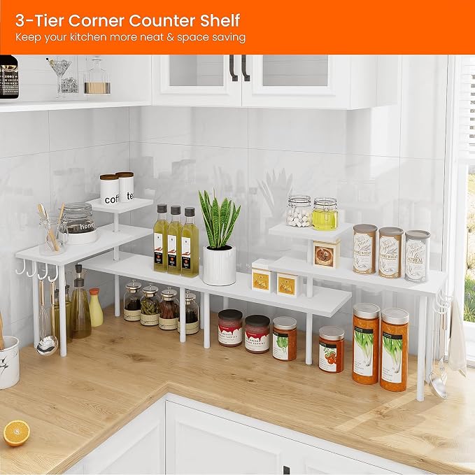 Kitchen Countertop Organizer Corner Shelf, Bathroom Counter Organizers and Storage, 3 Tier Wood Shelf Organizer Space Saver for Make Up, Dresser Table, Desktop, White - Image 3