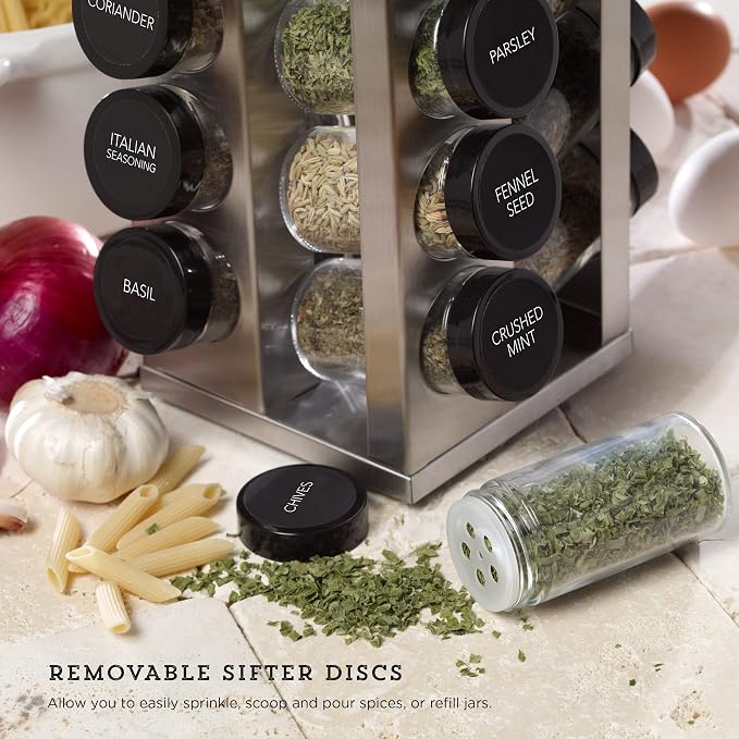 Kamenstein 20 Jar Heritage Revolving Countertop Spice Rack Organizer with Spices Included, FREE Spice Refills for 5 years, Brushed Stainless Steel with Black Caps - Image 3