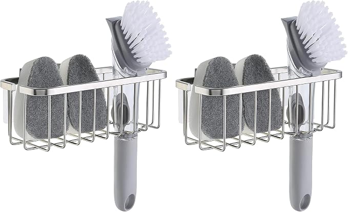 SunnyPoint NeverRust Deluxe Kitchen & Bathroom Sink Sponge Holder Organizer with Adhesive Mount - Additional Suction Cup Included – Sponge & Brush NOT Included – 7.4 x 3.3 x 2.75 Inch (Pack of 2) by SunnyPoint