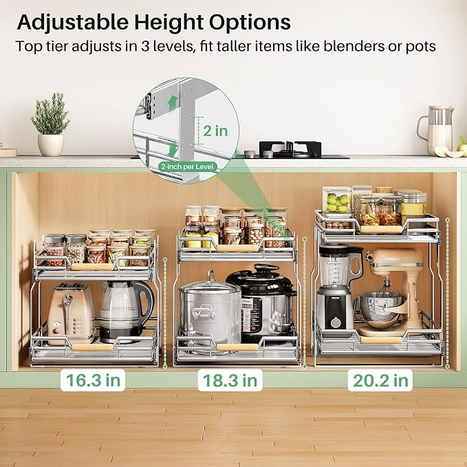 Pull out Cabinet Organizer, 2 Tiers 17"W X 21"D, Heavy Duty Smooth Sliding Under Cabinet Shelves for Pots and Pans, Full-Extension Roll out Drawers, Slide out Organization for Home Kitchen Pantry - Image 6