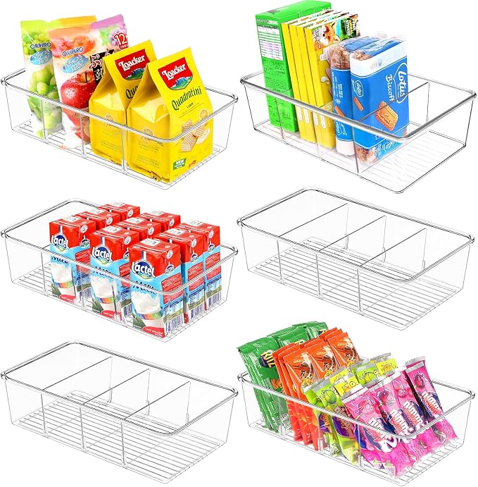 ZIZOTI Snack Organizer for Pantry Shelf, 6 Pack Clear Plastic Pantry Storage Bins with 3 Dividers for Snacks, Spices, Chips Food Organizer, Stackable Pantry Organizers for Kitchen, Fridge, Cabinet by YourBestHomeKitchenChoice