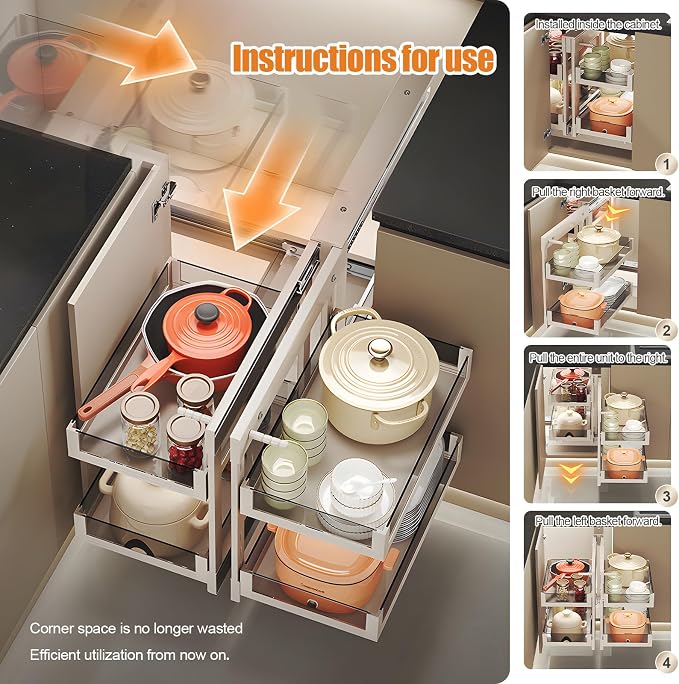 Blind Corner Cabinet Pull Out 13", 14.1", 15.3", 16.9", 2 Tier Kitchen Cabinet Organizer, Left & Right Open Compatible, Blind Corner Kitchen Cabinets - Image 6