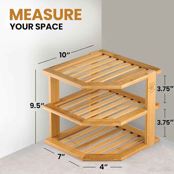 Bamboo Plate Organizer for Cabinet, 3 Tier Corner Shelf Riser, 2 Pack | Holds heavy stacked dishes mugs bowls, non slip feet, tool included easy assembly, kitchen pantry bathroom counter storage - Image 3