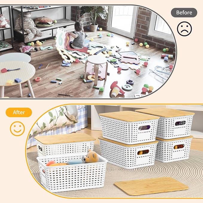 6 Pack Plastic Storage Baskets,White bamboo lid storage Box | Labels, Stackable, For Organizing Shelves Pantry Drawers Desktop Closets Organizing Desktop Closet Playroom Classroom - Image 5