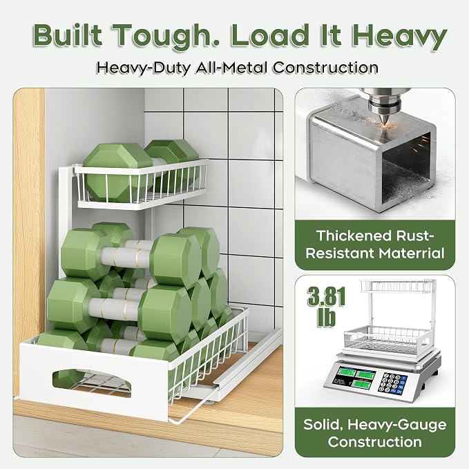 Under Sink Organizer, 2-Pack L-Shaped Metal Pull-Out Drawers for Kitchen | Cabinet Organizer Height Adjustable Heavy Duty Metal 2-Tier Storage Fits Beside Common Pipes for Bathroom Pantry - Image 5